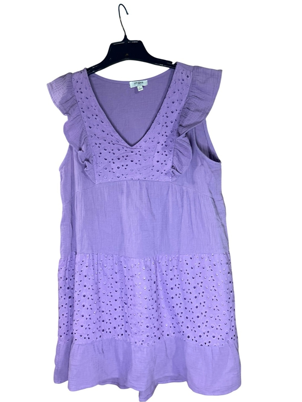 Umgee Purple Eyelet Tiered Ruffle Sleeve Babydoll Dress Large